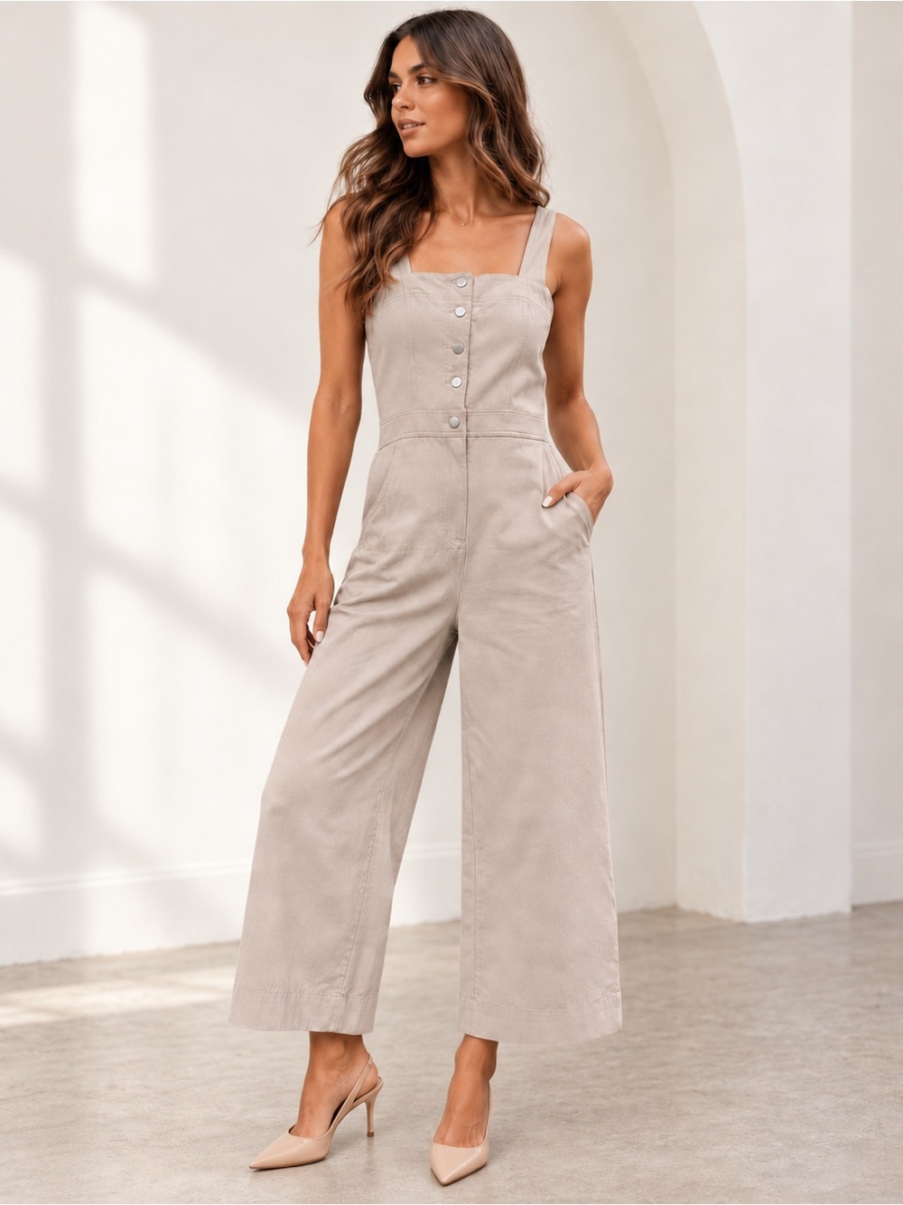Sleeveless Wide-Leg Jumpsuit in Beige S